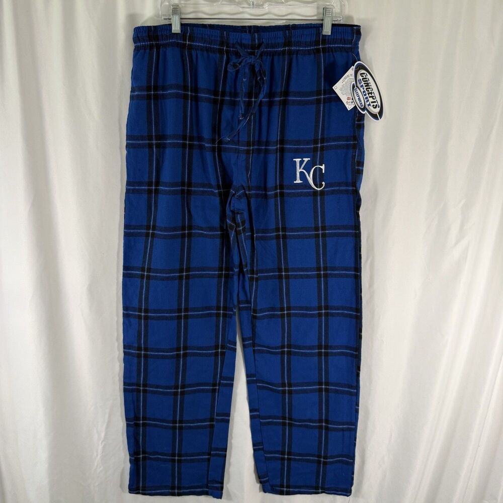 New Kansas City Royals Pajama Pants Men's Large Blue Black Plaid Pockets